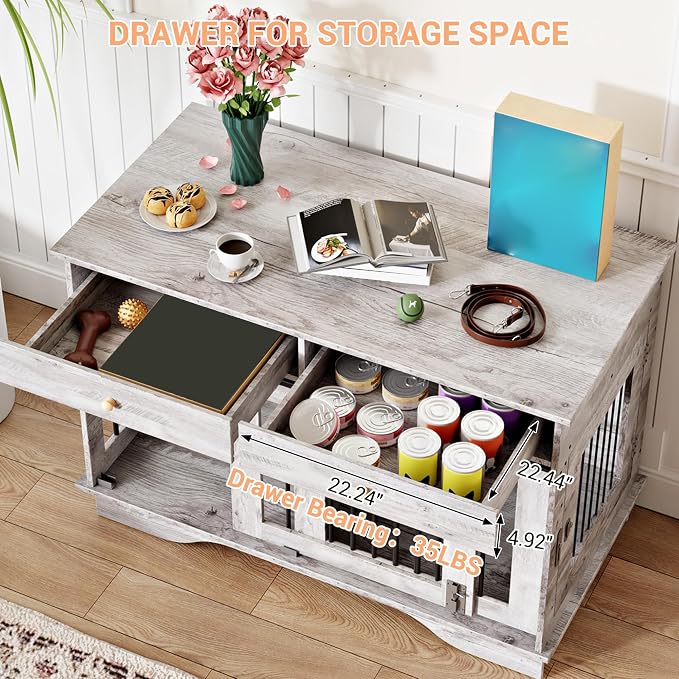 Double Dog Crate Furniture with 2 Drawers, 47" TV Stand Style Kennel with Removable Divider for 2 Large/Medium/Small Dogs, Decorative Side Table Indoor Pet Cage Grey | Removable Divider, Dog Crate for 2 Large/Medium/Small Dogs, Decorative Side Table In...