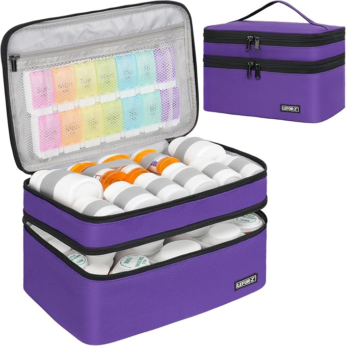 LEFOR·Z Medicine Storage Bag,Double Layers Pill Bottle Organizer Bag Empty | Medical Supplies Bag with Lockable Zipper & Adjustable Divider,Medication Travel Carrying Bag for Pills,Vitamins,Purple