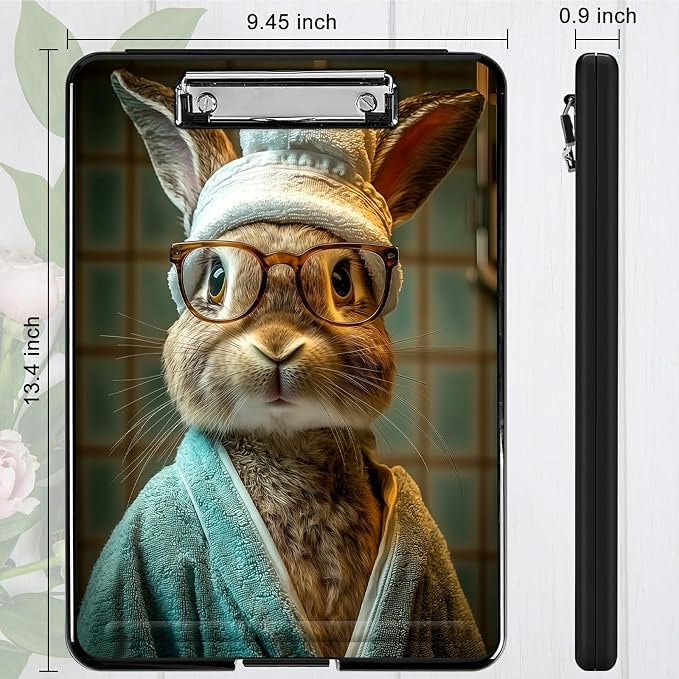 Heavy Duty Storage Clipboard, Slim Nursing Clipboard with Internal Pen Case, Portable File Organizer Case for A4 Letter Size Paper Office Medical Professionals, Glasses Rabbit