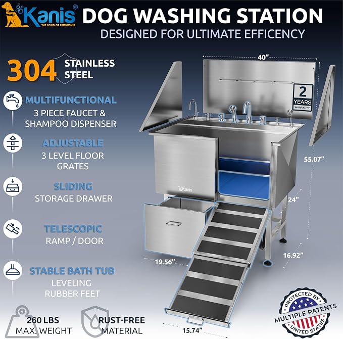 Professional Dog Washing Station 304 Stainless Steel Pet Wash Sink | Grooming Bathtub w/Shower, Floor Grates and Storage for Large, Medium & Small Pets