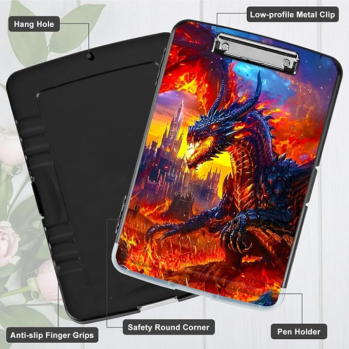 Castle Flaming Dragon A4 Clipboard with Storage Pen Holder, Clipboards Organizer Nursing Clipboard Foldable File Folder Plastic Clipboard Folio Clip Board for Office Students Classroom