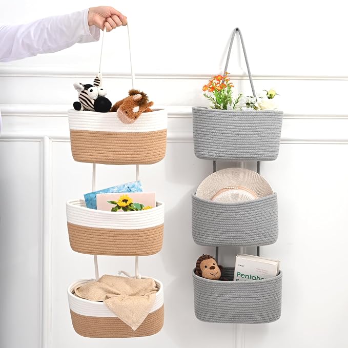 ICERZCZ Hanging Baskets for Organizing 3-Tier Wall Basket Khaki & Off White | Over the Door Decorative Storage Organizer, Nursery Decor Organization, Baskets for Entryway Playroom Bathroom Closet