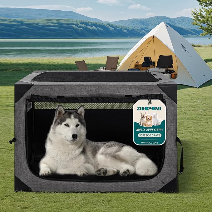 Zikopomi 30 Inch Portable Soft Foldable Dog Crate Dark Grey | 3 Zipper Door, Collapsible Soft Pet Kennel, Foldable Dog Cage, for Small and Medium Dogs, Indoor Outdoor Travel
