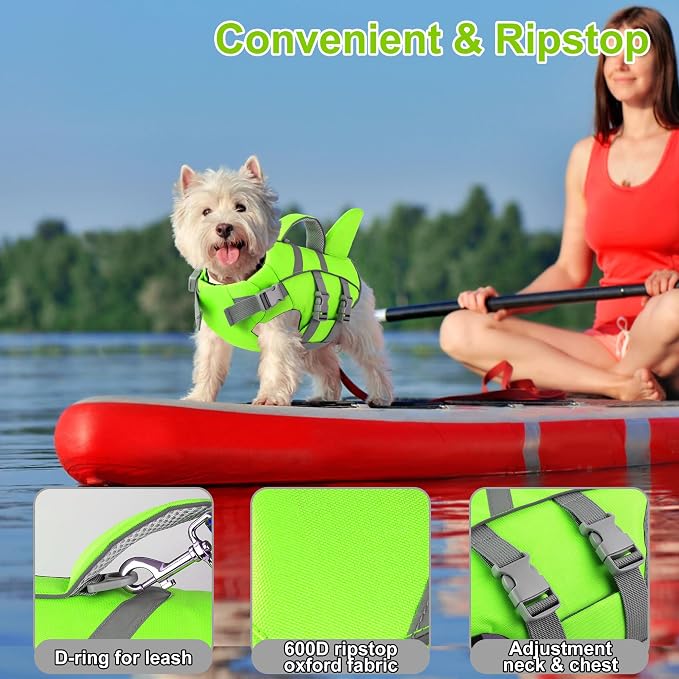 Dogcheer Shark Dog Life Jacket, High Flotation Dog Life Vest - Green,S | Adjustable Puppy Harness Swim Vest for Small Medium Large Dogs, Lifejackets with Handle for Swimming, Boating, Lake & Pool