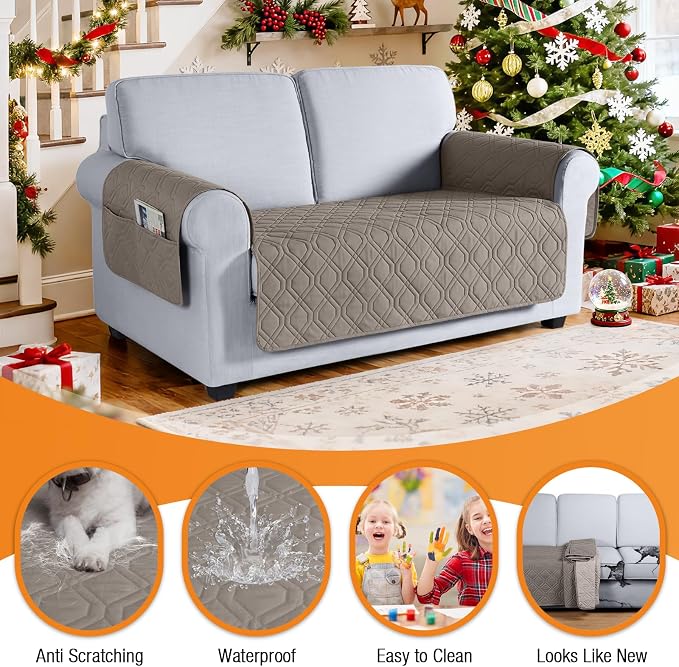 VANSOFY Waterproof Loveseat Couch Cover for Pets, Khaki, 54" | Non-Slip, Washable, Utility Pockets, Pet Friendly, Furniture Protector Slipcover for 2 Cushion Plus Couch
