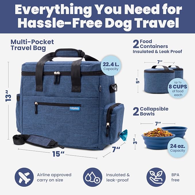 Original Doggy Bag™ Dog Travel Bag for Supplies with Travel Bowls | 2 BPA-Free Collapsible Bowls, 2 Pet Food Containers, TSA-Ready, Road Trips, Camping, Weekend Getaways, Doggy Gift, Navy
