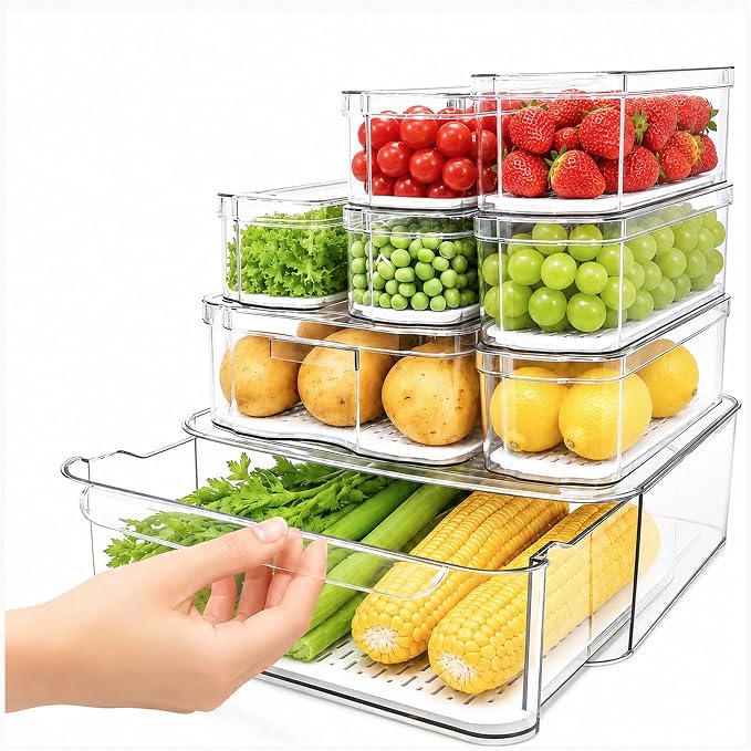 SMRCAD 8 Pack Clear Fridge Organizer Bins with Drain Trays - Stackable | BPA-Free PET, 8 Pack: 1 Drawer + 7 lidded Bins, Helps Keep Produce Fresh, 18.3L Capacity, Hand Wash Only