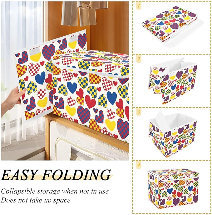 Color Heart Fabric Storage Bins with Lid Foldable Storage Boxes 40L Baskets | Decorative Storage Boxes, Dust-Proof Flip Top, Reinforced Handles, For Home & Bedroom, Clothes & Toy Box, Oxford Fabric Print