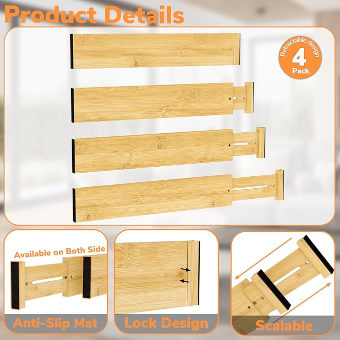 BAMEOS Bamboo Expandable Drawer Dividers – Fits 16.65"–22" Drawers, 3" Deep Walls, Set of 4 | Taller Spring-Loaded Separator Keeps Items Upright in Kitchen & Dresser Drawers