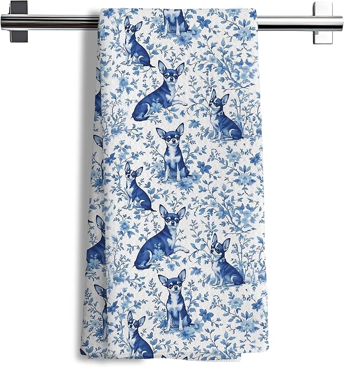 Chihuahua Dog Gifts for Chinoiserie Floral Decor Kitchen Towels,Blue and White Chihuahua Dog Grandmillennial Decorative Dish Tea Towels for Kitchen Bathroom,16x24 Inch