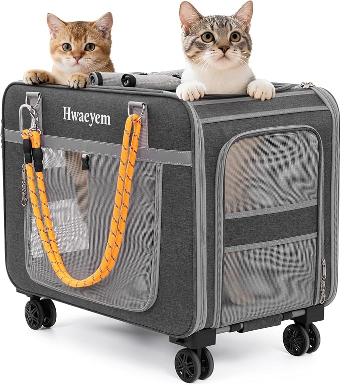 Rolling Extra Large Pet Cat Carrier with Wheels, Breathable Pet Carrier for 2 Cats or Medium Dog, 24" X 15" X 17" Dog Carriers for Small Dogs with Zipper Locks, Ideal for Travel & Vet Visits