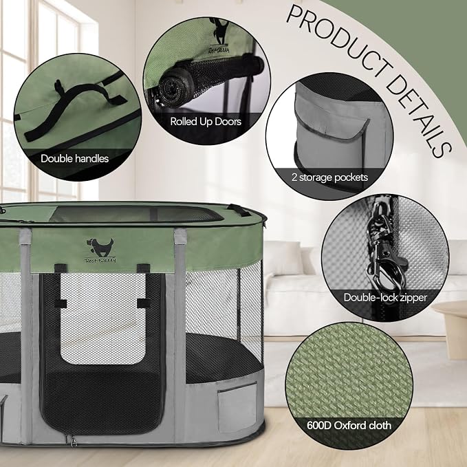 Dog Playpen, Foldable Kitten Playpen for Medium Dogs, Portable Pet Puppy Playpen with Removable Shade Cover, Indoor Outdoor Travel Camping Use for Small Pets with Carrying Case (S, Green)