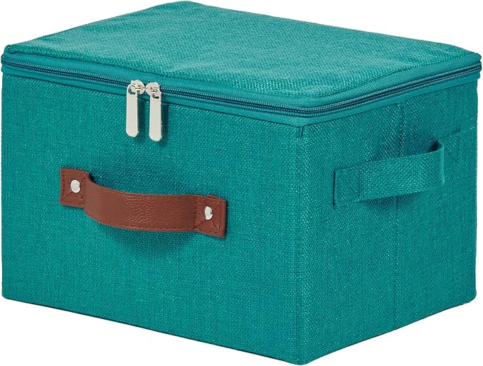 Storage Bins with Zipper Lids Decorative Lidded Baskets Boxes | Clothes Container, Closet Shelf Organizer, Foldable Washable, Cotton Linen Fabric, w/ PU Leather Handles, Teal Blue, Small