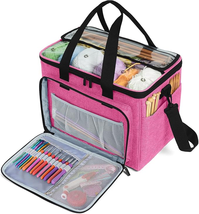 Teamoy Knitting Bag, Yarn Storage Organizer Crochet Bag Tote, Pink | Yarn Holder with Inner Divider(Sewn to Bottom) for Crochet Hook, Knitting Needles(Up to 14"), Project and Crocheting Supplies