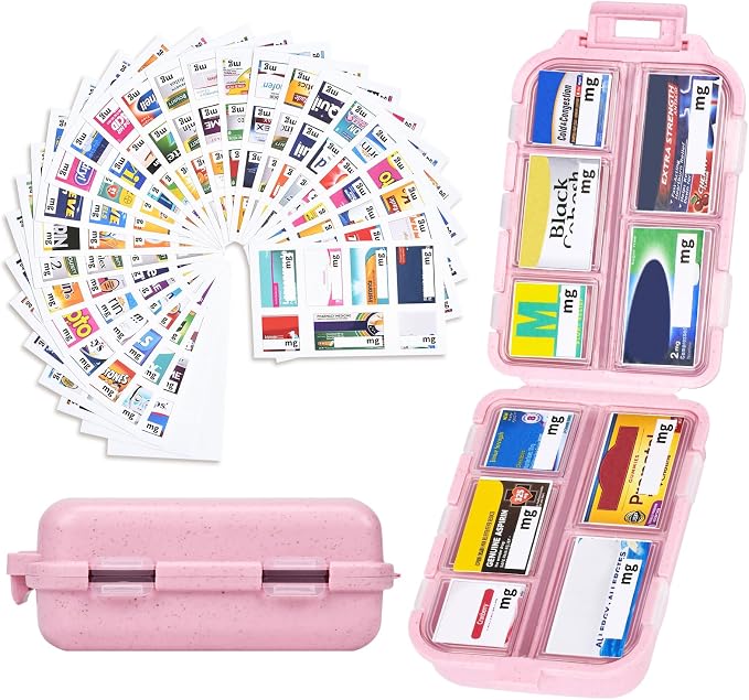 Large Pill Box with 189 Medicine Labels - Pill Organizer with Stickers, Medication Travel Case (Pink, 1 Pack)