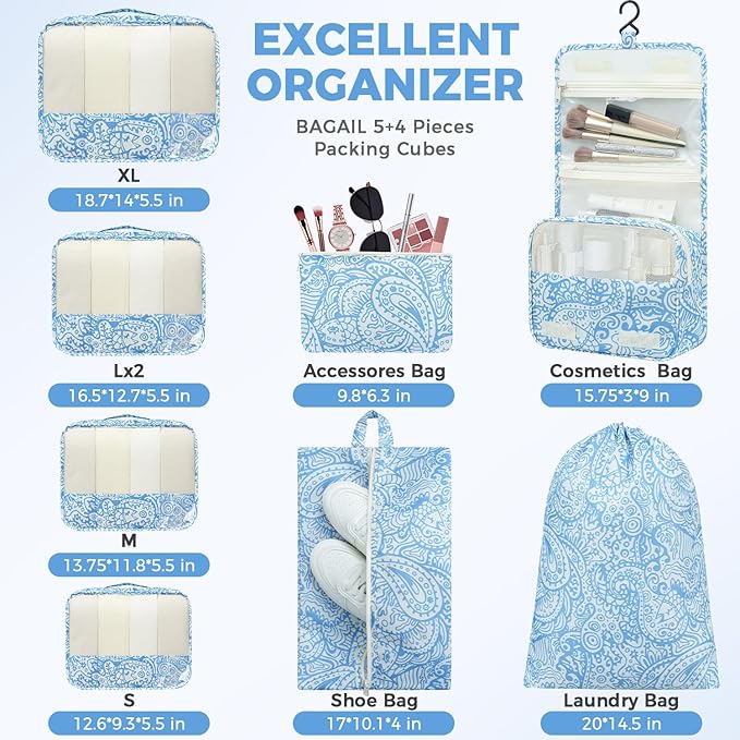 BAGAIL 9 Set Packing Cubes with Packing List Luggage Packing Organizers for Travel Accessories (Blue paisley)