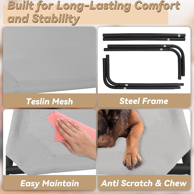 Heavy Duty Steel-Framed Portable Elevated Pet Bed, Elevated Cooling Pet Cot, 43.5" L x 25.5" W x 7.8" H(M, Grey) | Dog Cot Bed with Sturdy Steel Frame for Indoor Outdoor Use, Non Slip, Easy to Clean, 43.5 Inches, Gray