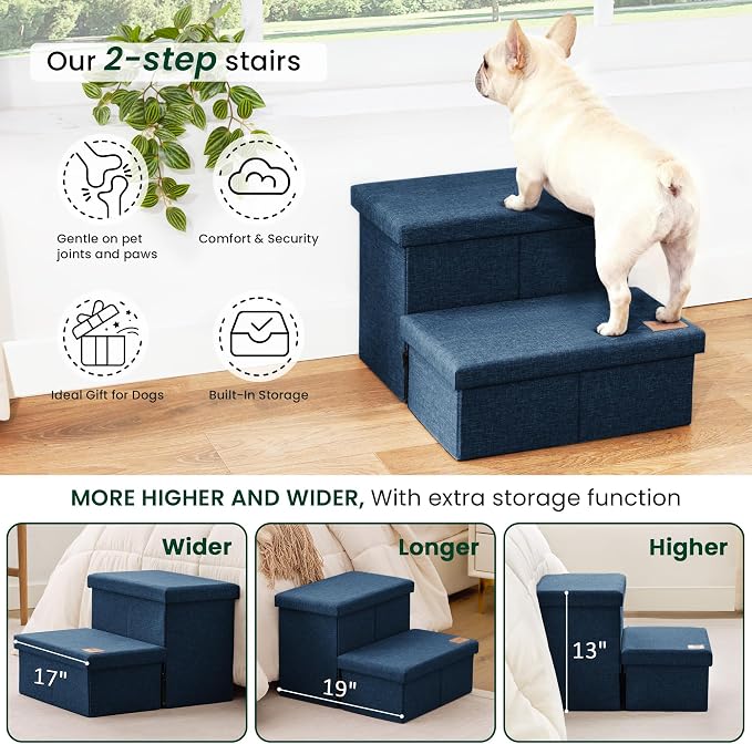 Love's cabin Dog Stairs for High Bed, Foldable Pet Stairs for Small Medium or Large Dogs Puppy with Storage for Bed or Couch, Cat Dog Steps Ramp with Zip up to 200 lbs, Navy Blue, 2 Steps