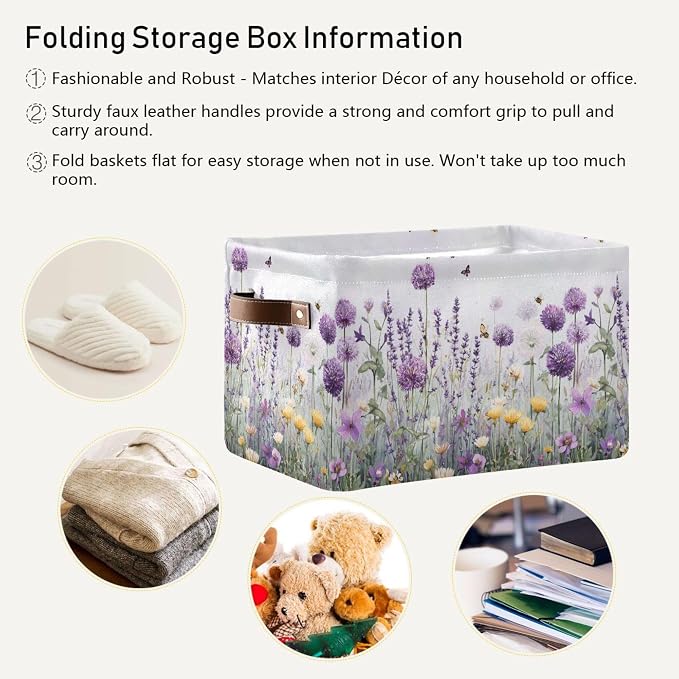 Lavender Fabric Storage Bin, Foldable Organizer Bag for Baby Cloth, Dog Toy, Book Storage Cubes, Shelf Closet Basket - 16x12x8