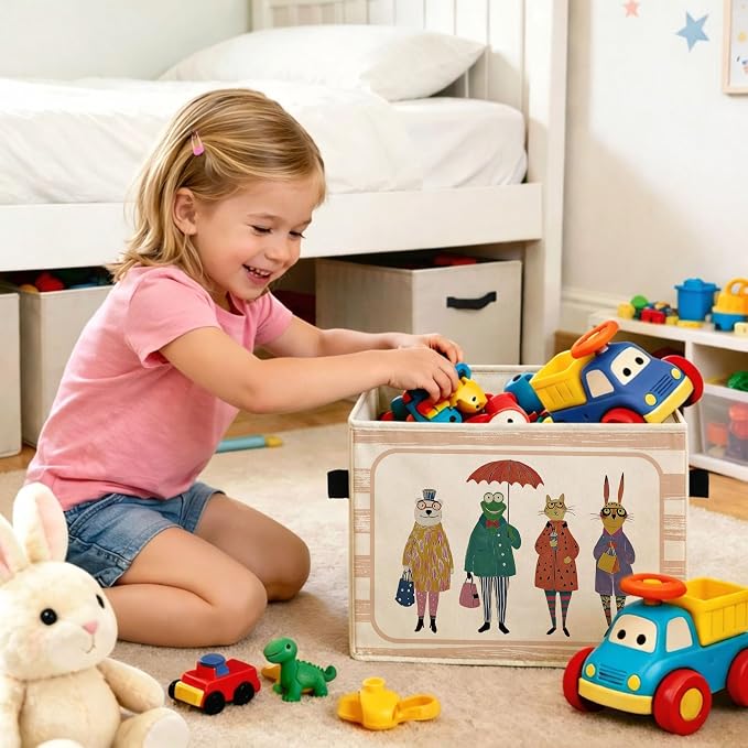 Animal Storage Bin, Foldable Fabric Basket for Kids Room Nursery | Foldable fabric storage bin with rainy day animal design for toys, books, clothes, nursery, bedroom, and playroom use.