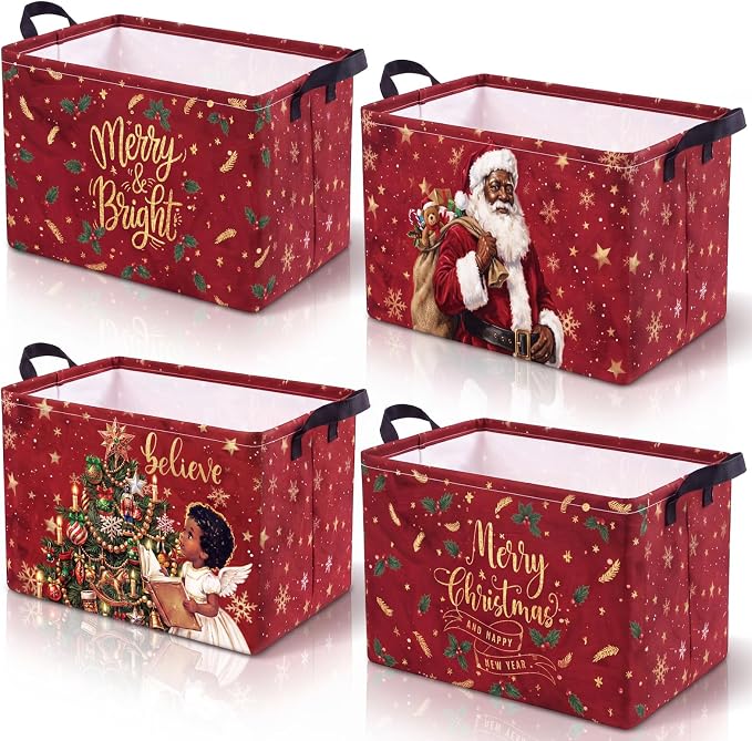 4 Pcs Christmas Storage Basket for Gifts Empty Large Black Santa Storage Bins 15 x 10 x 8 Fabric Laundry Baskets with Handle African American Collapsible Organizer Boxes for Cloth Toys Books