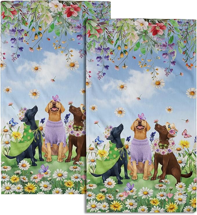Giwawa Spring Dogs Towel Set of 2 Watercolor Daisy Floral Funny Puppy Decorative Hand Towels Colorful Wildflower Soft Microfiber Face Towel Washcloth for Bathroom Guest Gym Spa Hotel Holiday