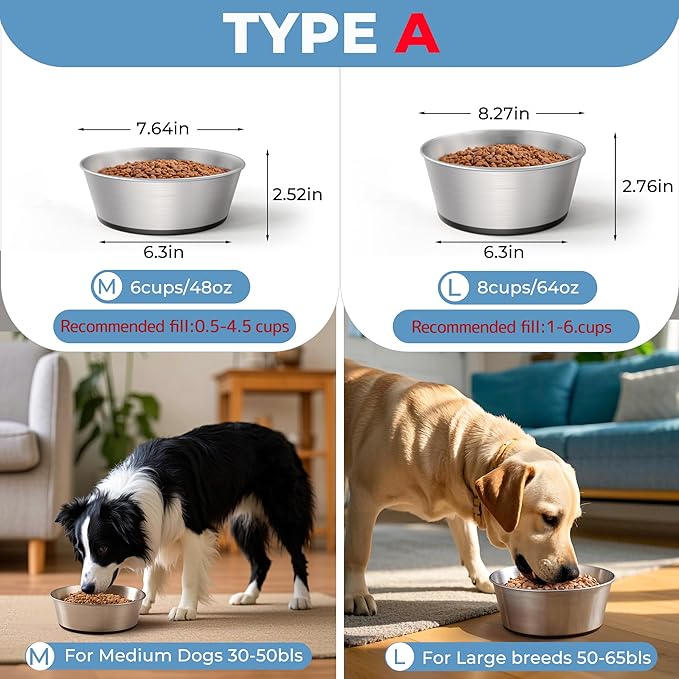 WROSWT 304 Stainless Steel Dog Bowls Set of 2, Anti Rust Metal & Non Slip Rubber Base, Heavy Duty Large Feeding Dishes, Food Grade BPA Free, Food and Water Bowl for Large Dogs (64oz, 8cup)