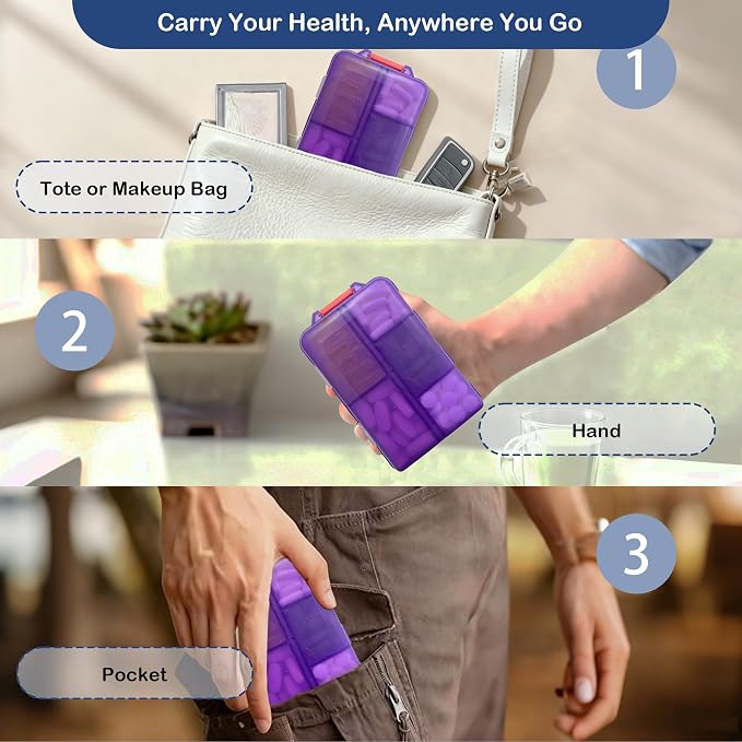 Extra Large Pill Organizer with 161 Medicine Labels, Travel Pill Case | Purple Extra large case with 10 compartments for 7-day pill planning, vitamins, supplements, and travel