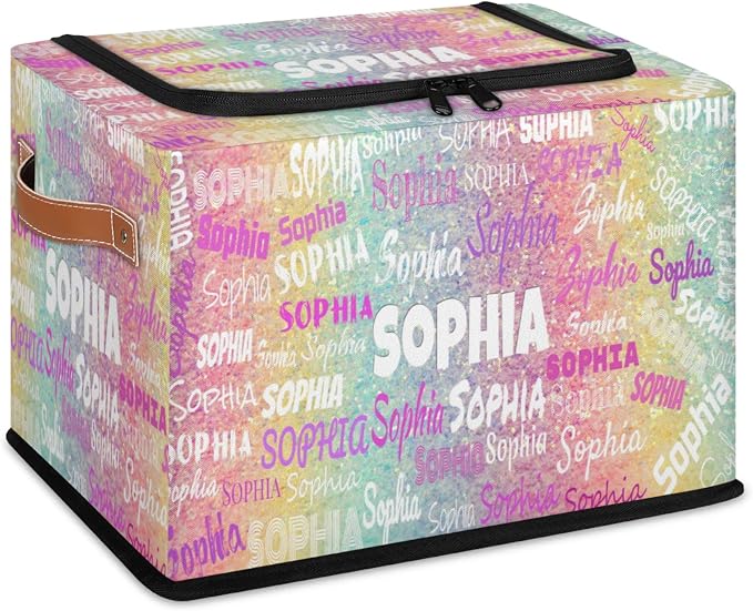Personalized Storage Bins with Zipper Lid, Customized Name Storage Basket Rectangle Clothes Organizer for Kids and Pets Toys Shelf Closet, Colorful Bling Sequins Glitters Pink and Yellow