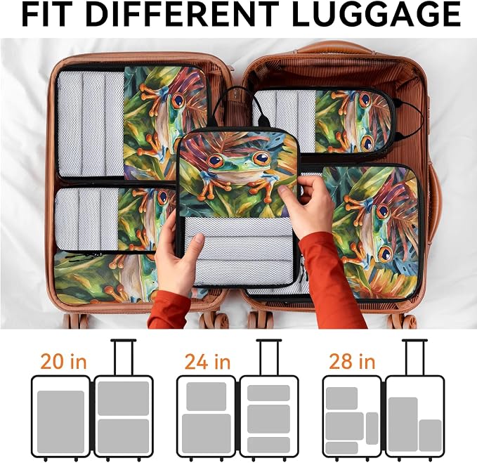 Green Frog 6 Set Compression Packing Cubes Cute Cartoon Frog Expandable Packing Organizer for Travel Accessories Luggage Suitcase Bag