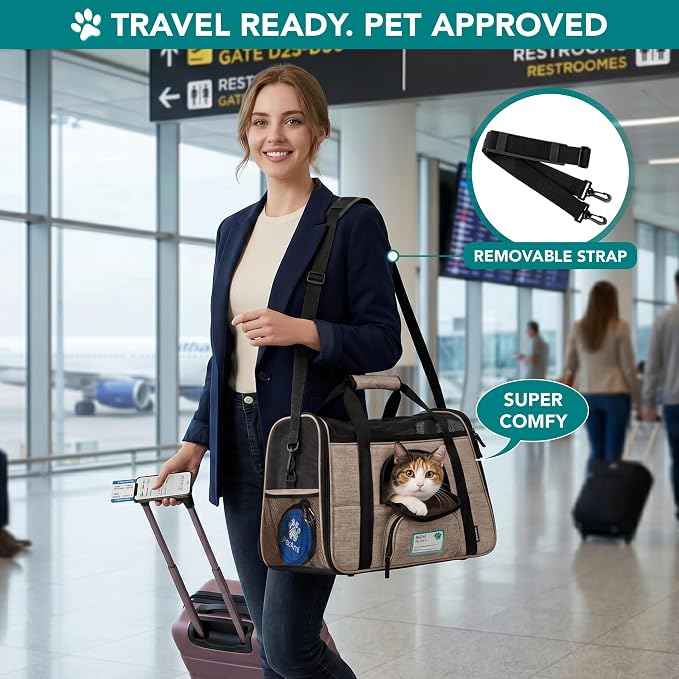 PetAmi Airline Approved Pet Carrier Cats & Small Dogs, Large Heather Taupe | Soft Sided TSA Travel Bag, Sherpa Bed, Breathable Mesh Ventilation, Collapsible Bowl, Fits Under Seat, Up to 18 lbs
