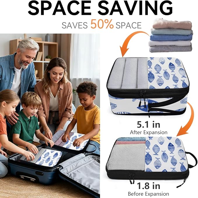 TropicalLife Nautical Fish Print 6 Set Compression Packing Cubes | Compressible Expandable Luggage Suitcase Organizer Bags Space Saver Bags for Carry on