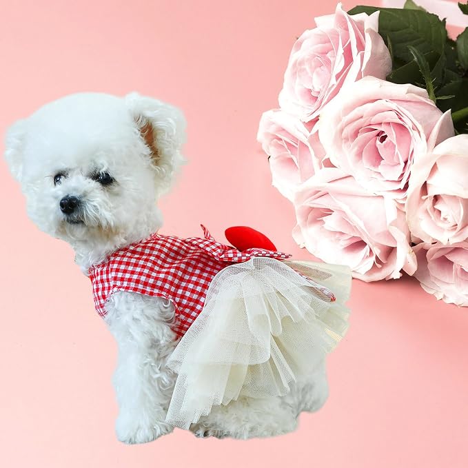 FLAdorepet Dog Dress with Leash Ring,Holiday Dog Clothes Love Heart Tulle Pet Dresses for Small Dogs Girls Party Outfit Puppy Cats Apparel(Red Heart, Large)