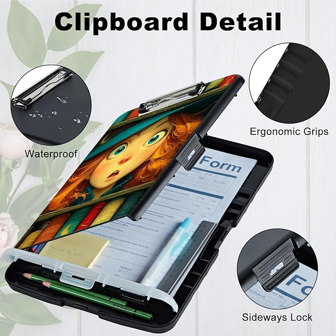 A4 Clipboard with Storage Pen Holder, Clipboards Organizer Nursing Clipboard Foldable File Folder Plastic Clipboard Folio Clip Board for Office Work Classroom Doctor, Colorful Book Girl