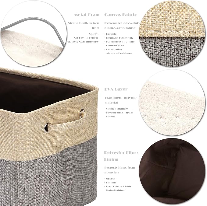 Sea Team Large Rectangle Canvas Open-Top Storage Baskets, 3-Pack | Collapsible Fabric Storage Bins with Handles, Closet Shelf Organizers, 15 x 10 x 10 Inches, Gray & Beige