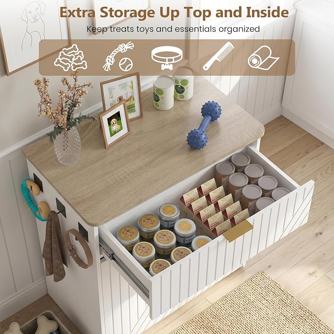 Dog Feeding Station Cabinet, Elevated Bowls with Slow Feeder Insert, White | Slow Feeder Insert, Large food bin, Removable Divider, 3 Side Hooks, Pull-Out Drawer, Easy to Clean for Small & Middle Dogs
