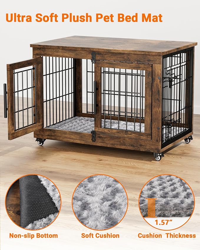 YaFiti Dog Crate Furniture, 32.5” Wooden Indoor Dog Kennel, Rustic Brown | Cushion, Wheels, Double Doors, Furniture Style, Side End Table, Decorative Pet Cage House, Up to 45 lb, for Small/Medium Dogs