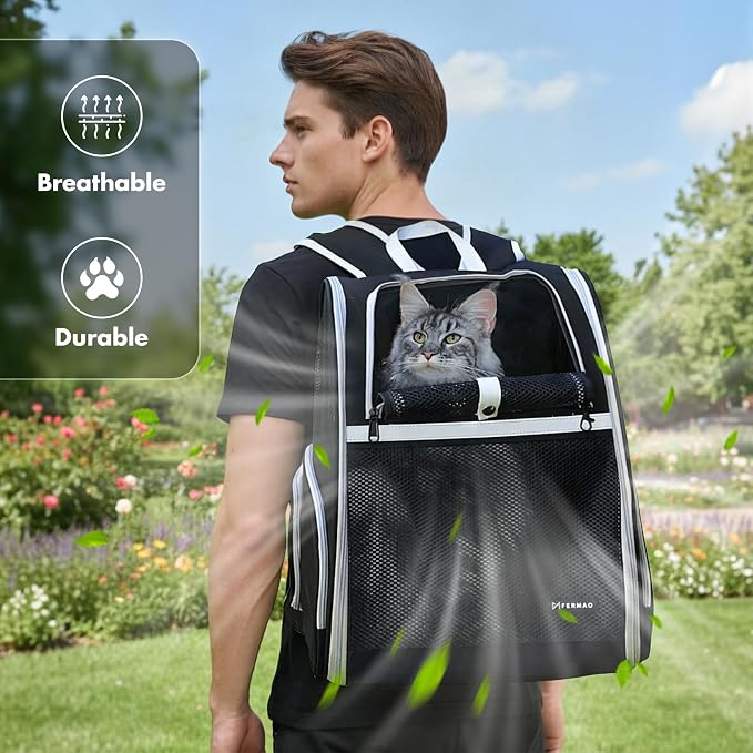 Pet Backpack Carrier, Large Cat Carrier Backpack Up to 20 Lbs with Breathable Mesh, for Medium Large Cats or Small Dogs, Travel Hiking Camping Backpack (Black-XL)