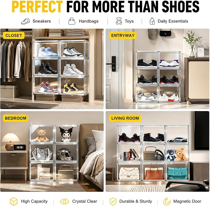 Clear High-Top Sneaker Storage Box, Acrylic Shoe Organizer 1 Pack | Extra height 10.6'' for high-top sneakers & athletic footwear Size 11. Stackable display design keeps collections organized