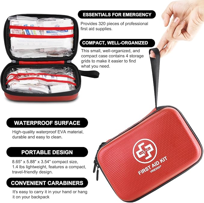 VRIEXSD Premium 320-Piece First Aid Kit, Waterproof EVA Hard Shell Case,Red | Compact Design Emergency Medical Kits with Comprehensive Supplies For Home, Camping, Car, Hiking, Travel, Businesses, Outdoor
