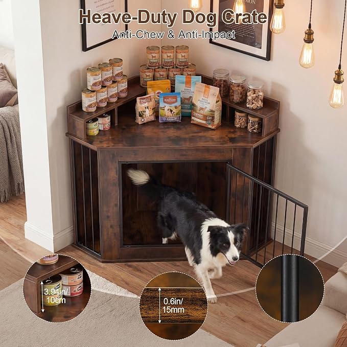 Corner Dog Crate Furniture for Small, Medium Dogs | Heavy Wooden Kennel, storage Shelves, Anti-Chew Design, Space-Saving, Indoor Use as TV Stand/Table