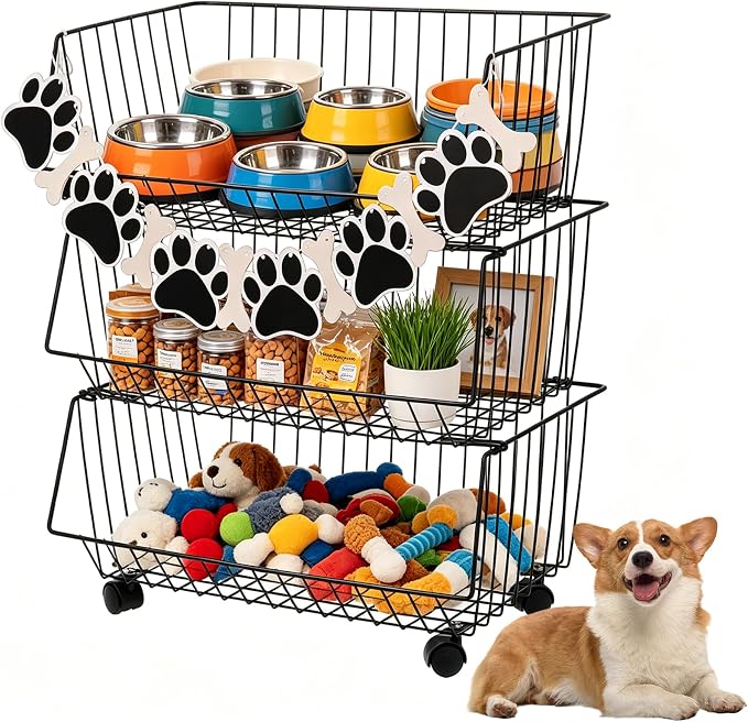 Metal Dog Toy Storage Rack, 19" x 10.6" x 24" Rolling Pet Organizer Bin with Wheels, 3 Tier Detachable Wire Basket Shelf for Toys Treats & Supplies, Large Dogs Toy Storage Holder for Home