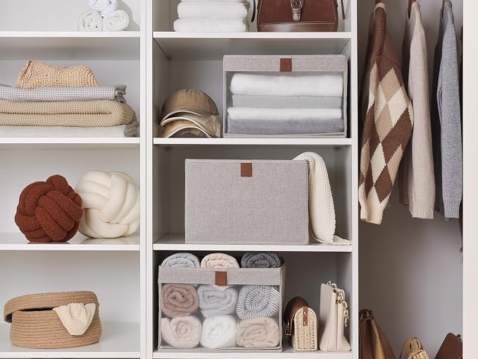 StorageWorks Closet Storage Bins, Storage Baskets, Brown and Beige, 3-Pack | Clear Window for Visibility, Soft Leather Handle, Flip to Show/Hide, Breathable Fabric, Holds Coats, Towels, Blankets, Toys