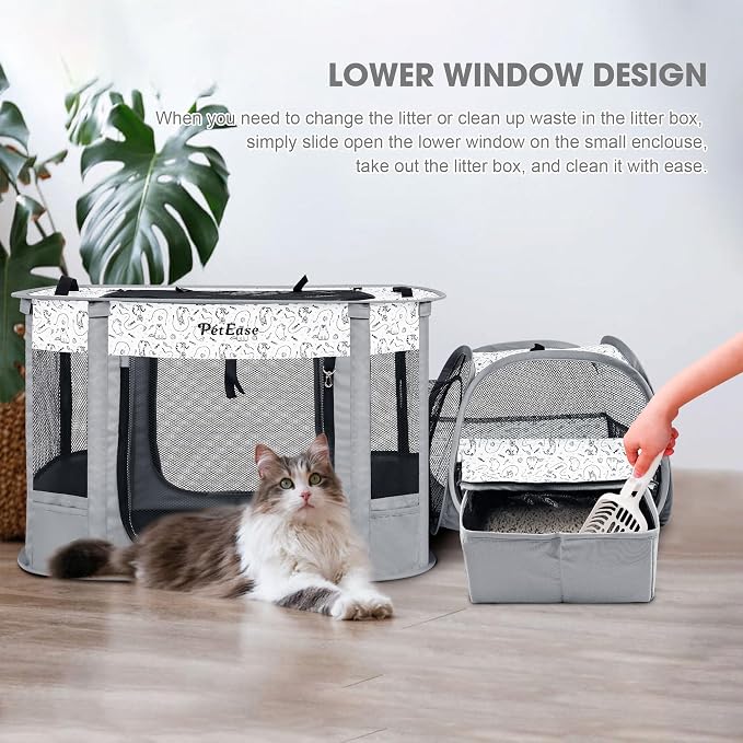 Portable Cat Playpen with Litter Box, Cat Enclosure for Camping, Cat Recovery Playpen After Surgery, Foldable Indoor Outdoor Pet Tent for Cats Rabbits Puppies (Light Gray)