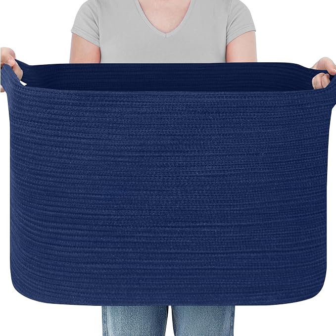 108L Extra Large Storage Basket, 25"x16"x16" Blue Blanket Basket Living Room, Oversized Cotton Rope Blanket Storage, XXXL Woven Kids Dog Toy Bin Box, Jumbo Laundry Shoes Towel Bin, Navy Blue