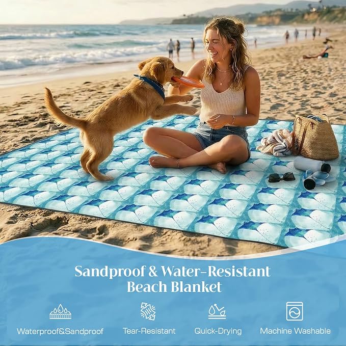 OIGAE Beach Blanket Waterproof Sandproof Oversized Beach Mat | Picnic Mat with Stakes, Storage Bag - Essentials for Outdoor Beach, Picnic,Quick-Dry Lightweight,Windproof Pockets
