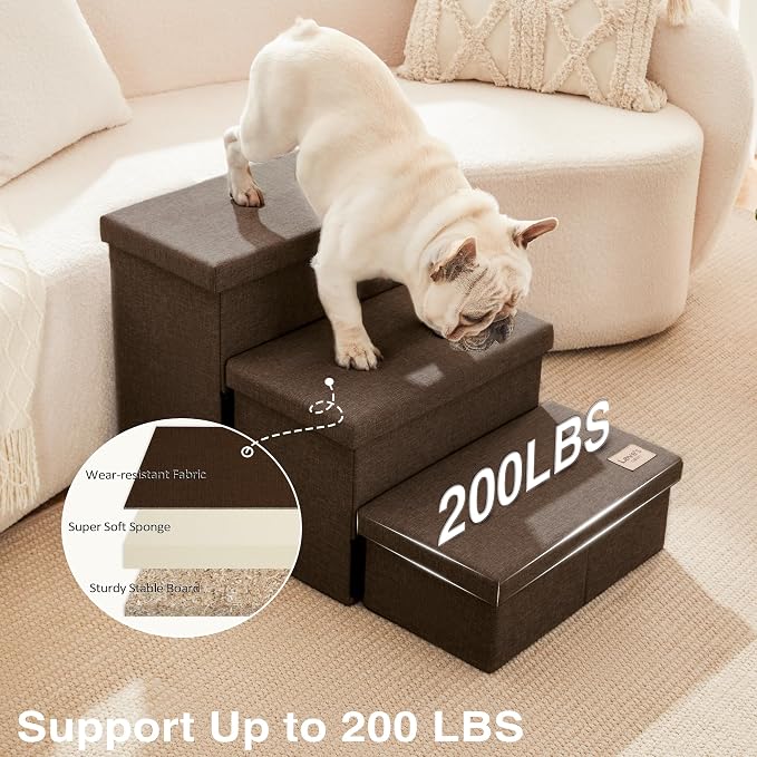 Love's cabin Dog Stairs for High Bed, Foldable Pet Stairs for Small Medium or Large Dogs Puppy with Storage for Bed or Couch, Cat Dog Steps Ramp with Zip up to 200 lbs, Coffee, 3 Steps