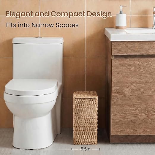 Wicker Trash Can,3 Gallon Bathroom Trash Can with Lid,Handwoven Paper Rope Rattan Waste Basket with Removable Liner and Built-in Handles for Bedroom,Toilet,Narrow Spaces,Natural