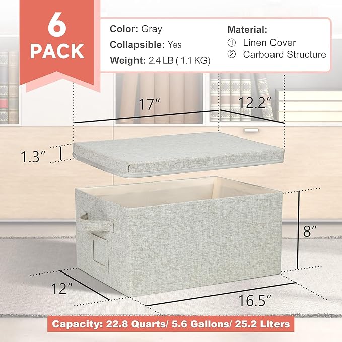 Storage Bins With Lids Closet Organizer Cabinet Box For Clothes,Toys,Shelf | 2 Pack, 17"X 12"X 2", Collapsible, Stackable, Dustproof, Built-In Handle, Label Slot, Linen Fabric, Cardboards, Gray-Green
