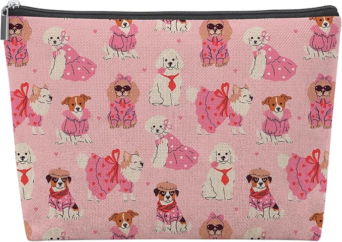 Pink Cute Dog Empty Mahjong Tile Bag 13x7.8 Inch | Pet Printed Portable Travel Case Organizer Zipper Pouch for American Mahjong Tiles Game Night Accessories and Gifts